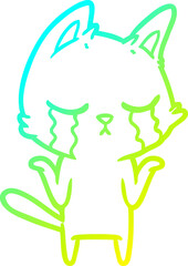 cold gradient line drawing crying cartoon cat shrugging