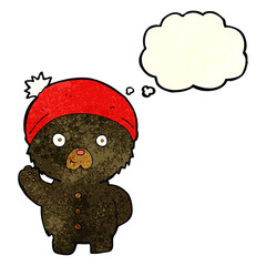 cartoon waving black teddy bear in winter hat with thought bubble