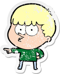 distressed sticker of a cartoon pointing boy