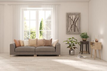 Bright interior design with modern furniture and summer landscape in window. 3D illustration