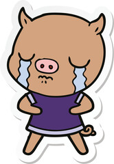 sticker of a cartoon pig crying