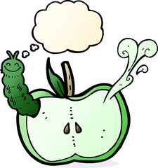 cartoon apple with bug with thought bubble