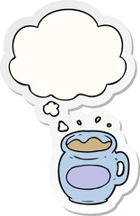 cartoon coffee cup and thought bubble as a printed sticker