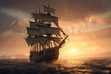 Obraz premium pirates ship burning in open sea, night scene with reflection , created using AI tools