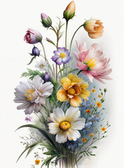 A bouquet of flowers is on a white background. Flower painting, watercolor flowers. Generative AI