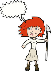 cartoon woman with spear with speech bubble