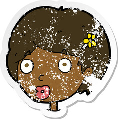 retro distressed sticker of a cartoon surprised female face