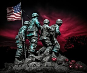 Naklejka premium Soldiers Planting the American Flag Statue, Memorial Day, Generative AI
