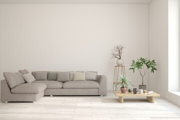 White living room with sofa. Scandinavian interior design. 3D illustration