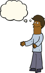 cartoon man shrugging shoulders with thought bubble