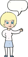 cartoon welcoming woman with speech bubble