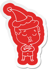 cartoon  sticker of a man talking wearing santa hat