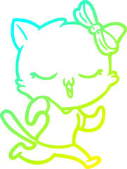 cold gradient line drawing cartoon cat with bow on head
