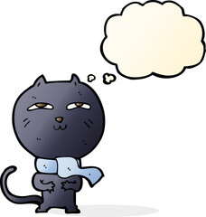 cartoon funny cat wearing scarf with thought bubble