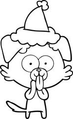 line drawing of a dog with tongue sticking out wearing santa hat