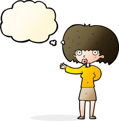 cartoon woman gesturing with thought bubble