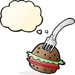 cartoon fork and burger with thought bubble