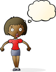 cartoon confused woman shrugging shoulders with thought bubble