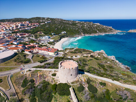 Landscape aerial view of Santa Teresa Gallura and famous Rena Bianca beach in Northern Sardegna, Italy