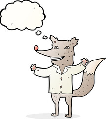 cartoon happy wolf wearing shirt with thought bubble
