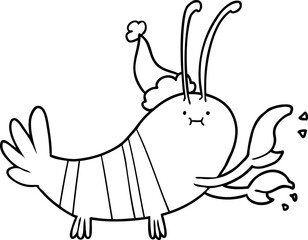 line drawing of a lobster wearing santa hat
