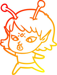 warm gradient line drawing pretty cartoon alien girl