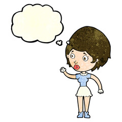 cartoon woman waving with thought bubble