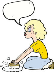cartoon woman scrubbing floor with speech bubble