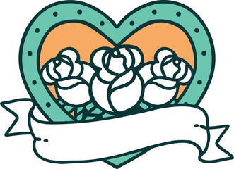 tattoo style icon of a heart and banner with flowers