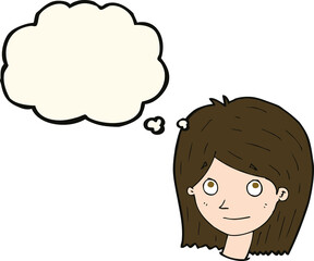 cartoon happy female face with thought bubble