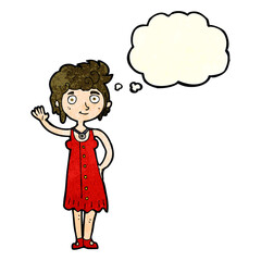 cartoon hippie woman waving with thought bubble