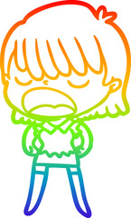 rainbow gradient line drawing cartoon woman talking loudly