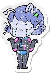 distressed sticker of a cartoon crying alien girl