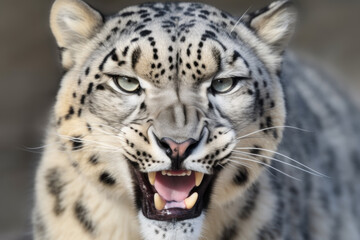 angry snow leopard with ears back and showing teeth looking at camera.