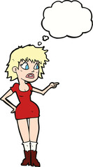 cartoon worried woman in dress pointing with thought bubble