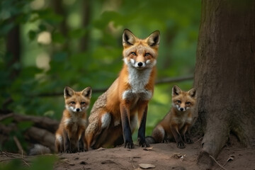 fox with her cubs looking at camera.