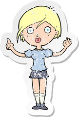 retro distressed sticker of a cartoon girl asking question