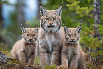 lynx with her cubs looking at the camera.