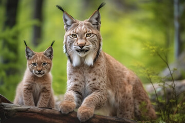 Naklejka premium lynx with her cubs looking at the camera.