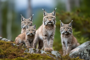 Naklejka na ściany i meble lynx with her cubs looking at the camera.