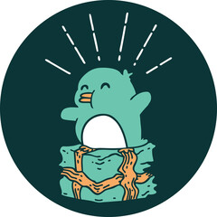 icon of tattoo style penguin sitting on present