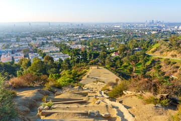 Hiking in Runyon Canyon Park with City View of Los Angeles