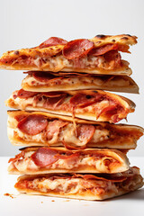 Stack of Pepperoni and Cheese Pizza Slices on a White Background, Generative AI