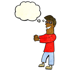 cartoon grinning man wearing glasses with thought bubble