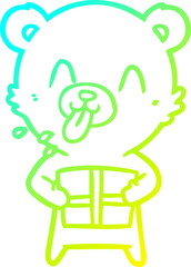 cold gradient line drawing rude cartoon polar bear sticking out tongue with present