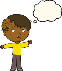 cartoon boy with growth on head with thought bubble