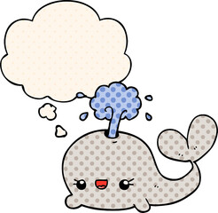 cute cartoon whale and thought bubble in comic book style
