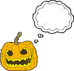 cartoon spooky pumpkin with thought bubble