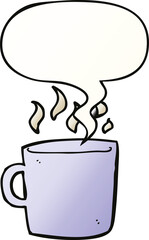 cartoon hot cup of coffee and speech bubble in smooth gradient style