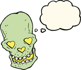 cartoon skull with love heart eyes with thought bubble
